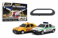 Základní set autodráha ITES -model SRC 2 auta Favorit (žluté Taxi a bílé policejní) 1:28 , délka 4,2m
