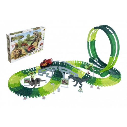 Dráha dino + auto 10x5cm plast 172ks na baterie s doplňky v krabici