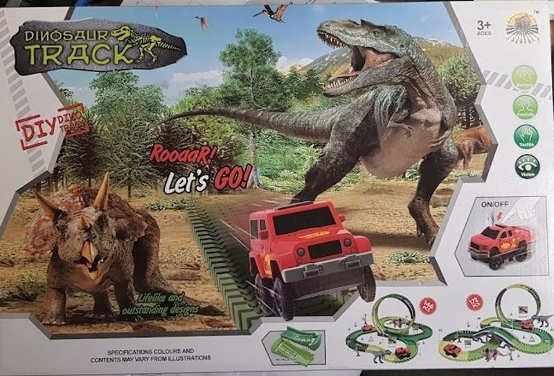 Dráha dino + auto 10x5cm plast 172ks na baterie s doplňky v krabici