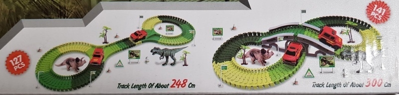 Dráha dino + auto 10x5cm plast 141ks na baterie s doplňky v krabici